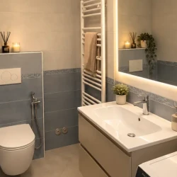 Bagno moderno con specchio LED e lavatrice